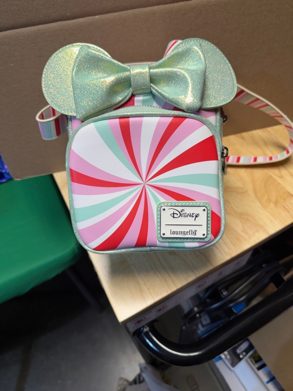 Loungefly Kids Mint Glitter Bow Candy-Stripe Mini Crossbody
